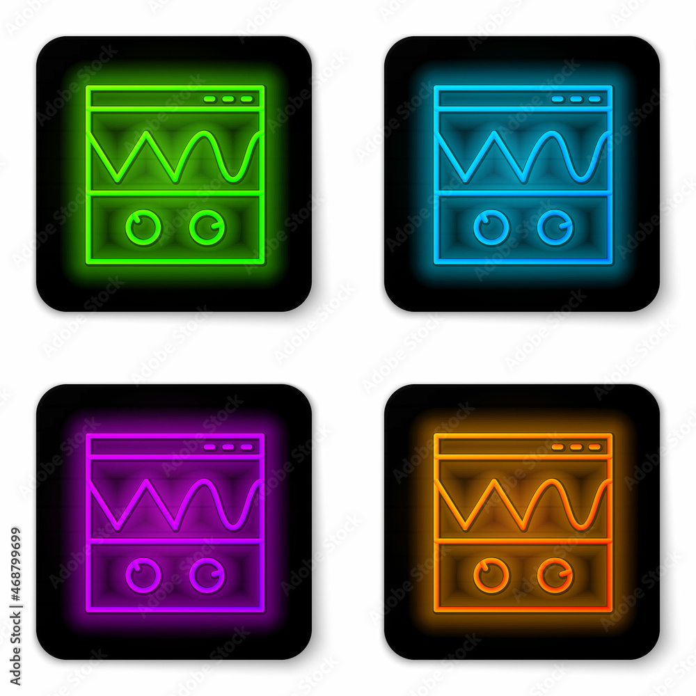 Poster glowing neon line oscilloscope measurement signal wave icon isolated on white background. black squa