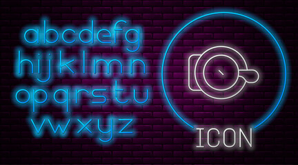 Glowing neon line Bicycle bell icon isolated on brick wall background. Neon light alphabet. Vector