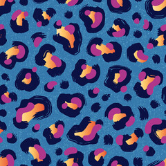 Leopard skin in blue, yellow, magenta colors. Vector seamless pattern. Animalistic background. Stains and strokes of paint.