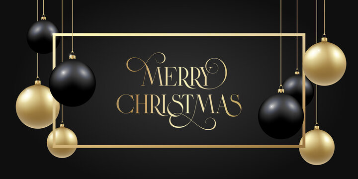 Christmas Black and Golden Baubles on Dark Background. Modern Golden Glitter Greetings Frame Template. Winter Holiday Social Media Card or Poster Mockup. New Year 3D Ball Social Network Banner