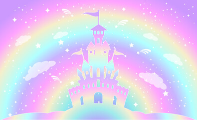 Silhouette of a magic castle on a background of a rainbow sky with stars.