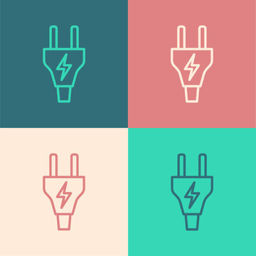 Pop art line Electric plug icon isolated on color background. Concept of connection and disconnection of the electricity. Vector