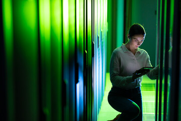 Caucasian female engineer using digital tablet while inspecting in computer server room
