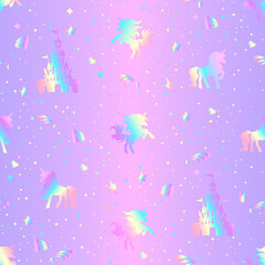 Rainbow seamless pattern with unicorns, hearts, crowns and stars on a holographic background.