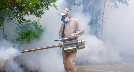 Outdoor healthcare worker using fogging machine spraying chemical to eliminate mosquitoes and prevent dengue fever on overgrown at slum area - obrazy, fototapety, plakaty