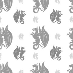 Dragon silhouettes seamless pattern with wings. Medieval dragon.