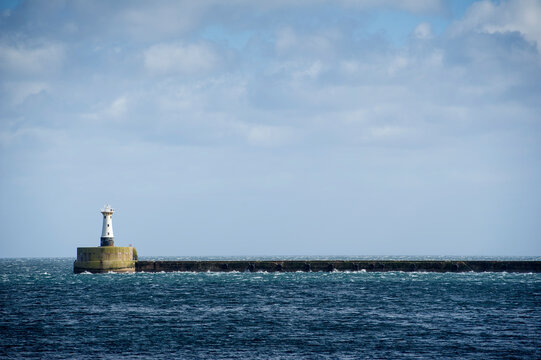 The breakwater across Peterhead Bay on the North Sea Coast, Peterhead, Aberdeenshire, Scotland, UK.