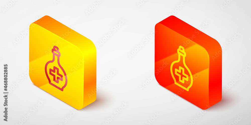 Poster isometric line bottle with potion icon isolated on grey background. flask with magic potion. happy h