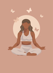 Meditation in a lotus pose. Yoga practice. International yoga day 21 June banner or poster with woman in lotus position. Faceless vector illustration.