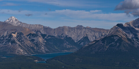 Panoramic view of the rough Rocky Mountains east of Banff, Banff National Park, Alberta Canada with...