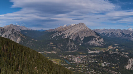 Panoramic view of Bow Valley with town Banff surrounded by Rocky Mountains including Mount Norquay and Cascade Mountain in Banff National Park, Canada.