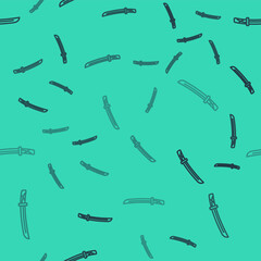 Naklejka premium Black line Traditional Japanese katana icon isolated seamless pattern on green background. Japanese sword. Vector