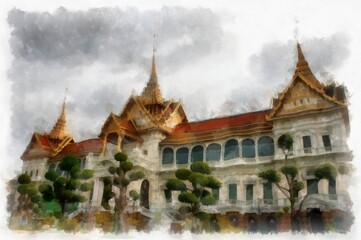 Fototapeta premium The Grand Palace Bangkok Thailand watercolor style illustration impressionist painting.