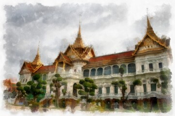 Fototapeta premium The Grand Palace Bangkok Thailand watercolor style illustration impressionist painting.