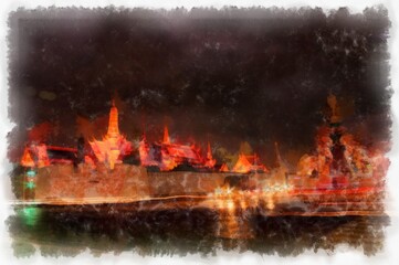 The Grand Palace Bangkok Thailand watercolor style illustration impressionist painting.