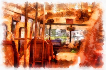 on a public bus at night watercolor style illustration impressionist painting.