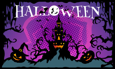 Happy Halloween banner. Pumpkins, bats, a sinister Halloween castle.