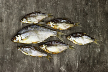 dried salted fish, beer snack, roach and rudd on a gray background