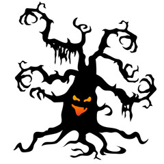 A terrible tree with eyes and branches in the form of hands. Vector illustration in cartoon style.