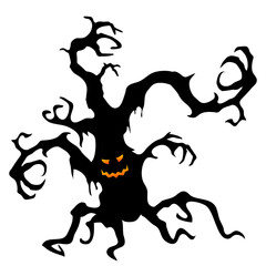A terrible tree with eyes and branches in the form of hands. Vector illustration in cartoon style.