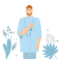 Young man doctor with phonendoscope and modern florals smiling happy. Medical health care service workers concept design vector graphic illustration