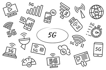 5G linear objects and elements set. New mobile network, high speed connection. Simple vector illustrations.