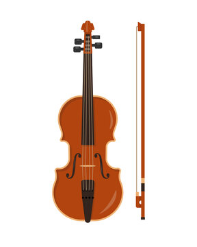 Classical wooden violin with bow isolated on white background. Stringed musical instrument icon. Vector illustration in flat or cartoon style.
