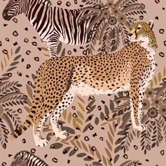 Seamless pattern with illustration of wild animals. Background with Zebra and Cheetah in vector. Brown color drawing