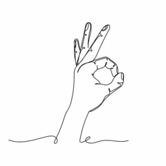 Vector continuous one single line drawing icon of hand gesture ok or zero in silhouette on a white background. Linear stylized.