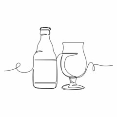 Vector continuous one single line drawing icon of bottle and glass of beer in silhouette on a white background. Linear stylized.
