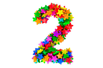 Number 2 from colored stars, 3D rendering