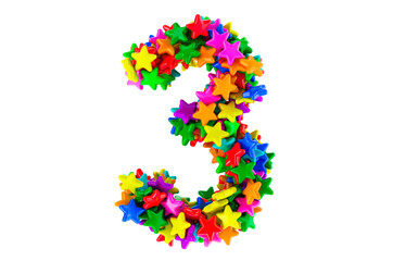 Number 3 from colored stars, 3D rendering