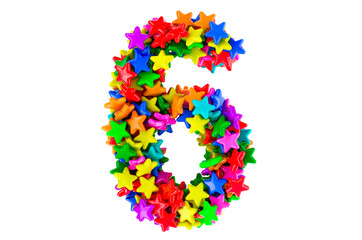 Number 6 from colored stars, 3D rendering