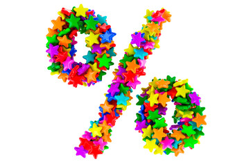 Percent symbol from colored stars, 3D rendering