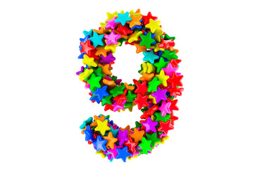 Number 9 from colored stars, 3D rendering