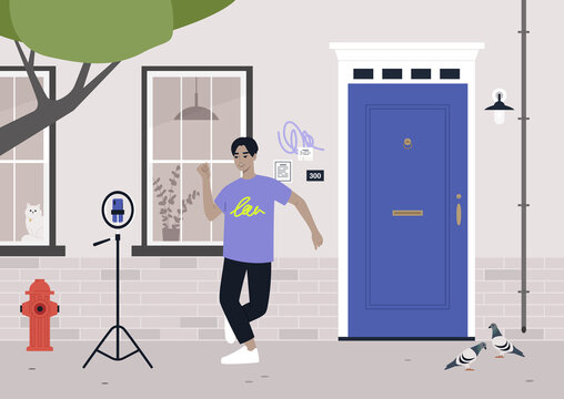 Dancing challenge, a young male Asian character recording a mobile video with a tripod, modern lifestyle, digital entertainment