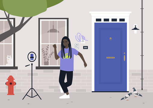 Dancing challenge, a young female Black character recording a mobile video with a tripod, modern lifestyle, digital entertainment