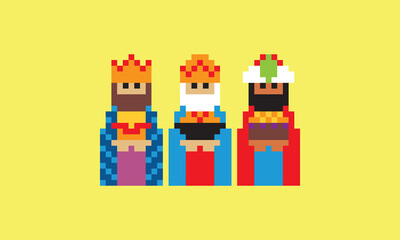 three wise men pixel art three kings 8 bits style christmas icons retro classic vintage design for web pages, apps, menus, social media, animation, network and advertising
