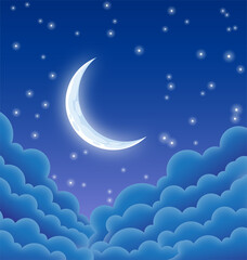 Fototapeta na wymiar starry blue crescent moonlit night
