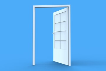 3D illustration of opened door on blue background