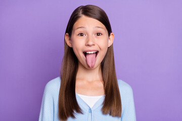 Photo of lovely brunette small girl tongue out wear blue shirt isolated on violet color background