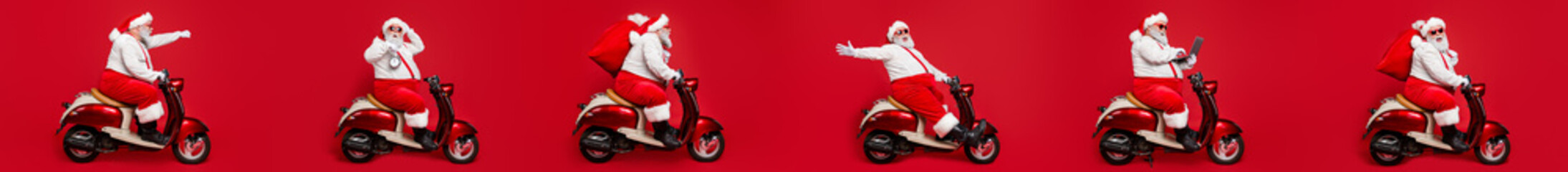 Collage photo of santa claus drive motor retro bike hold laptop clock watch sack take children wish...