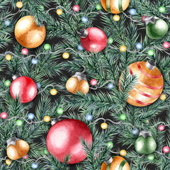 Christmas tree. Fir pattern. Seamless pattern. Christmas decoration. Watercolor illustration.