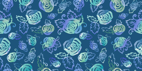 Watercolor Floral winter Seamless Patterns with packaging and scrapbooking. colorful green, gray, violet and turquoise branch and Roses Flower on blue Background