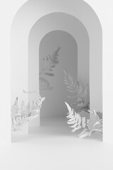 White stage mockup with soft light arches as gate, leaves for presentation cosmetic product, goods, design, advertising in simple geometric minimalist style, floral natural abstract garden, vertical.