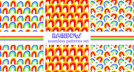 Set with 3 cute doodle rainbows seamless patterns. Red, orange, yellow, blue, violet, flowers and leaves.