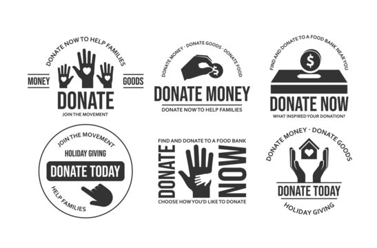 Donate label monochrome set vector flat illustration. Collection of donation and giving money