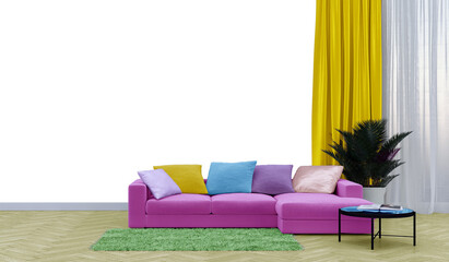 3D interior of a bright living room with a pink sofa, multi-colored pillows on the sofa, a plant and a coffee table with an open book