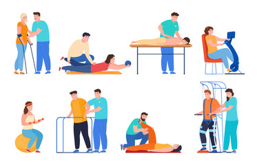 Rehabilitation people after illness set vector flat illustration physical injury recovering