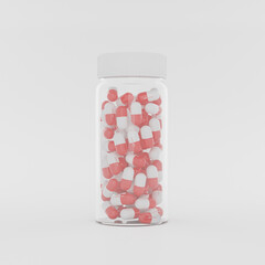 3d render of bottle with many white and red pills, close up. Medical concept of Virus Pandemic Protection, Coronavirus COVID-19